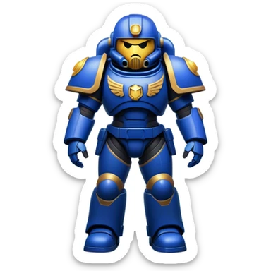 Clash of Clans aesthetic: Cinematic Playful Space Marine Hero Emoji, rendered in a 3D vector-style similar to standard emojis with minimal shading and bold, simplified shapes. A compact, heroic isometric figure clad in futuristic power armor with signature energy accents, softly glowing with a cosmic battle charm. Simplified yet unmistakably iconic, highly detailed and consistent, glowing with a soft radiant shine and high gloss. Stylized with a touch of interstellar valor and a soft glowing outline, capturing the essence of an elite space warrior with a friendly, playful manner! sticker