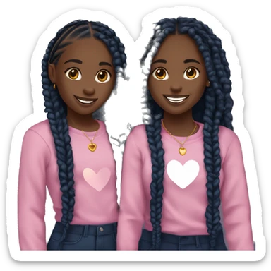 two black teenage twin girls (dark) (Both have the same skin tone) with black box braids that have curly ends and with navy blue tops and gold earrings and gold cross necklaces and they are smiling and a love heart that is pink is hovering beteern them sticker