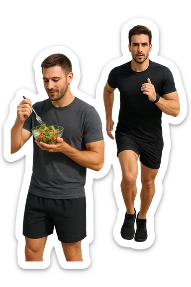 UOMO FITNESS CHE MANGIA INSALATA ACCANTO A UOMO FITNESS CHE CORRE IN POSA FRONTALE sticker