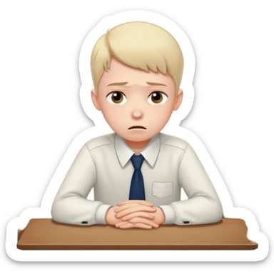 an anxious boyin school uniform sitting in front of a table sticker