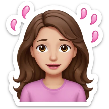girl with wavy long brown hair, brown eyes, light to medium complexion, long lashes, light pink lipstick, wearing light pink shirt, smiling, crying with big pink tears sticker