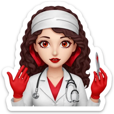 Lilith scalpel in hand, evil surgeon outfit.  She has red eyes. She has dark brown curly hair. Hair is long . Wears sexy doctor outfit with red gloves. Covers nose, neck and mouth with Muslims  sticker