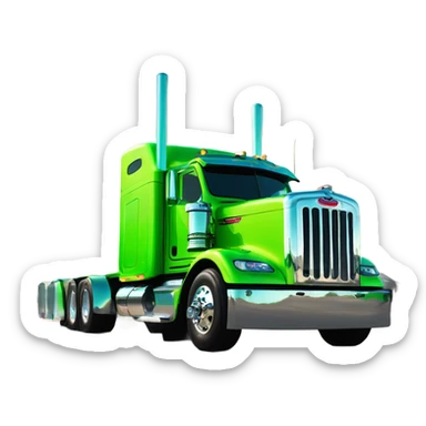 neon green peterbilt semi truck lowered on the ground with large chrome wheels and chrome smoke stacks sticker