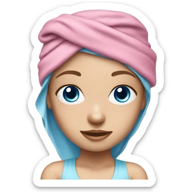 White girl with blue eyes with pink towel on head sticker