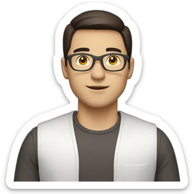 male engineer with white skin, dark brown straight hair spreaded from middle, brown eyes, circular glasses sticker