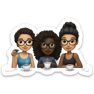 trio of three girls, one dark skinned girl with curly black hair and black glasses, one lighter skin girl with straight dark brown hair, and one light skinned girl with curly brown hair and clear framed glasses, drinking coffe together sticker