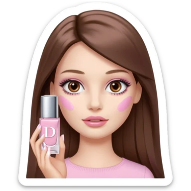 Barbie girl a brown long Straight hair and brown eyes is In pale pink smears by hand cosmetic cream Dior on her face sticker