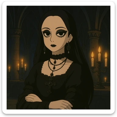 Add a gothic background with candlelit cathedral, gothic arches, and dark ambiance. Keep Mona Lisa as a goth with fitting gothic style details. sticker