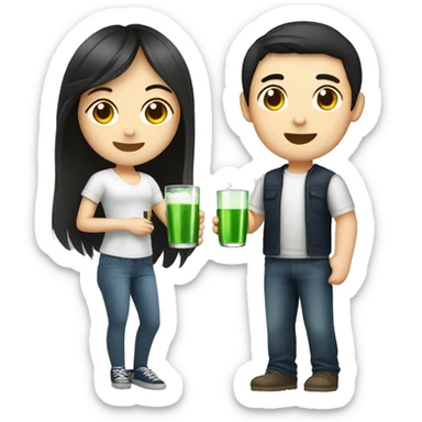 Young guy and young girl with dark hair and light skin drink soju  sticker