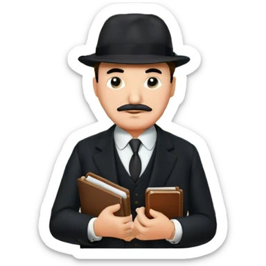A cinematic-style frame showing Hercule Poirot in his iconic suit with a notebook in a dramatic detective pose. Background should be mysterious city, map, a board with photos of suspects, clues like fingerprints. Transparent background. sticker