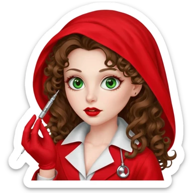 Spanish sexy evil woman. She has green eyes.  had brown long curly hair.  evil surgeon kills with needle wears red sexy doctor coat with red Juliet veil on her mouth and nose to hide and wearing red gloves.  sticker
