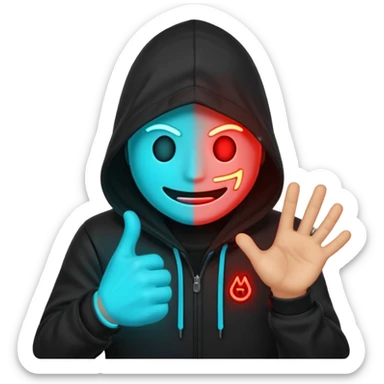 Black-hooded neon hacker emoji, red and cyan glow only, slamming glowing text “FTHESCAMMERS” with impact flash, aggressive anti-scam vibe, smooth 2-second loop, transparent background, Discord sticker style, no new colors. sticker