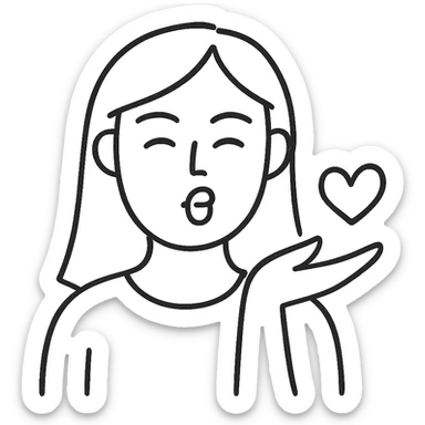 Make this icon of a fair-skinned woman with straight, chestnut hair sending a kiss to the viewer even more minimalistic, with fewer lines and simplified features, no background. sticker