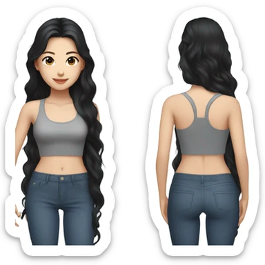 taiwanese girl with long black wavy hair with gray eyes in a crop top sticker