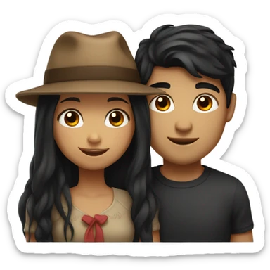 Girl with long black hair brown eyes and guy with black hair brown eyes and a hat holding one another sticker