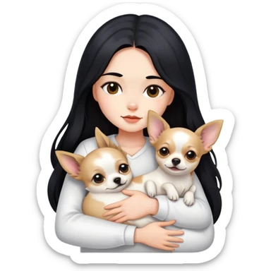 Fair skin girl - long black hair - white clothes - hugging a chihuahua sticker