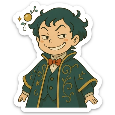 ghibli style AI agent with a mischievous smile, whimsical details sticker