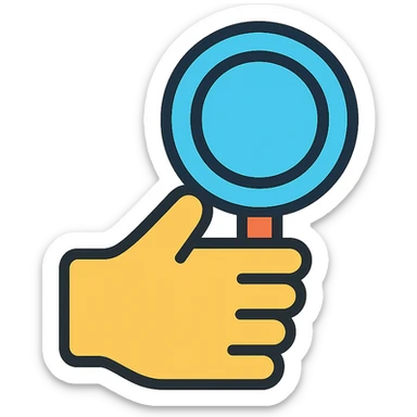 a hand and a magnifying glass, colorful icon style sticker