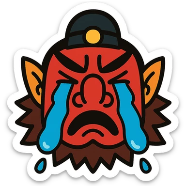 tengu face with big tears, cartoonish, no background, just the face sticker