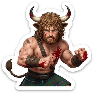 big buff curly hairy man covered in dirt and blood with freckles with messy light brown bangs that covers his face completely with bull horns and bull ears and bull tail dressed in kilt fighting posture closeup sticker