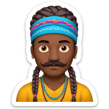 big lose braids starting from the top of the head man with mustache face wiith big visible braids and mono color headband on head  face and braids as big as headband and lots and lots of face tattoos colored tattoos like a tattoo artist hair unique color sticker