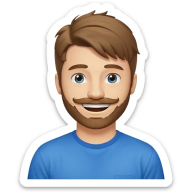 25 year old man, short scruffy beard and sparse moustache, brown puffy mullet, blue eyes, big smile, white teeth, big lips, pronounced jaw, hair longer in back, sticking up on top sticker
