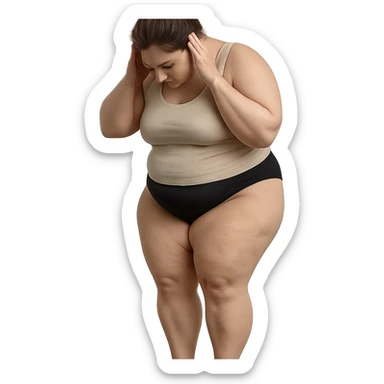 hyper realistic 4K woman weighing herself on a scale, fat on thighs and legs, normal physique, anatomical details, self-analysis atmosphere sticker