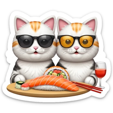 two playful cats with sunglasses, sharing sushi, emoji style sticker