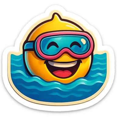 Add swimming goggles to the yellow smiling face emoji that is partially submerged in blue water with gentle waves. Keep the dynamic and fun design style consistent with the original. Maintain the transparent background. sticker