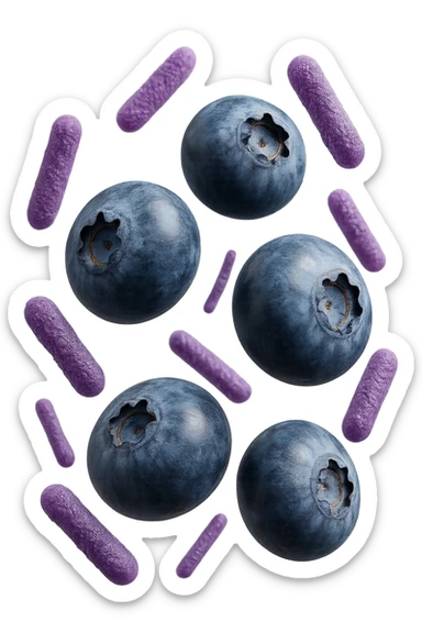 mirtilli fluttuano in aria insieme a 6 batteri intestinali viola, iperrealistico 4k sticker