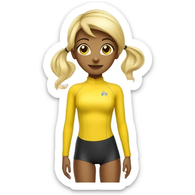 A hot and beautiful cartoon girl with blonde hair with straight bangs tied up with a pretty ponytail wearing a yellow long sleeved sleeves wetsuit sticker