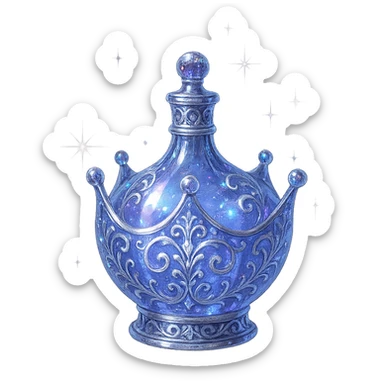 modernus prabangus eliksyro buteliukas, karūnėlės forma, spalva #7986cb, išraiškingi holografiniai ir sidabriniai filigranai, kristalo švytėjimas, žėrintys magiški efektai, šviesos lūžiai, labai mažas kaklelis, ornamentuota, gražiai užapvalinta, vientisa ir uždara apačia, skaidrus fonas, be šešėlio, aiškiai plūduriuoja ore, nestovi, kolekcijos stilius, maksimaliai gražus sticker