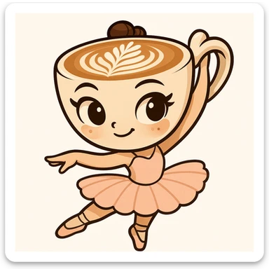 Create a cartoon emoji-style character of a ballerina with a cappuccino cup for a head, expressive eyes, and a tutu. Capture the whimsical, cute, and lively vibe, with a similar pose and lighting as the reference image. sticker