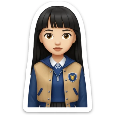 hair : black long hair with fringe 
skin : light 
cloth : brown varsity jacket + navy long long school girl skirt 


 sticker