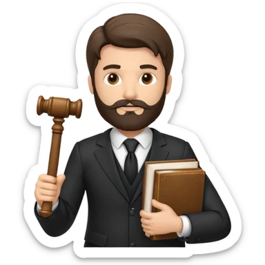 Create a male lawyer. he is wearing a fromal suit jckeret. He is holding a gavel in one hand and a book tucked under his another arm. He has beard. And the hair is kinda darker but not black. and is kinda short at the layers sticker