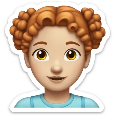 Red haired girl, curly hair tied in two buns, white skin, big blue eyes sticker