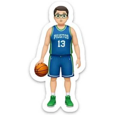 Full Body plus size white male with dark short hair basketball player wearing glasses wearing blue green uniform sticker