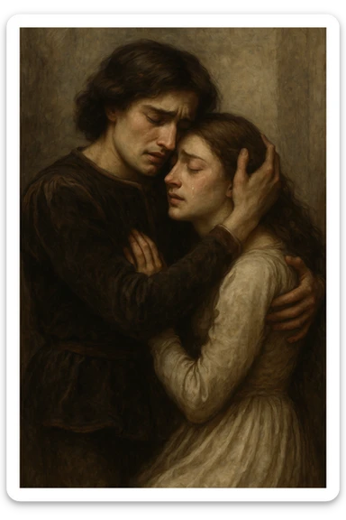 Romeo and Juliet in a tragic farewell embrace, emotional, subtle tears, muted colors, expressive and moving style sticker