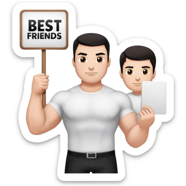 One large white muscular man with dark hair and a white shirt one and smaller white thin man wearing a black shirt each holding a sign that says best friends forever  sticker