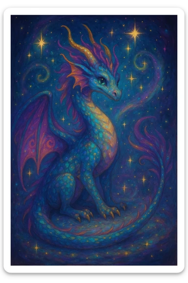 whimsical dragon with sparkles and magical aura, fantasy style, vibrant and enchanting sticker