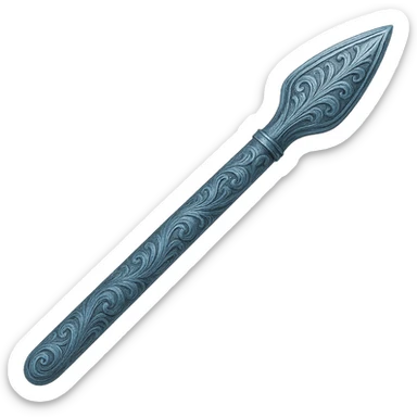 Recolor this weapon to match the blueish-gray steel color and ornate engravings of the reference helmet. Emphasize the cool metallic finish and detailed engravings, matching the helmet exactly. Transparent background. The style should reflect a cool metallic look with detailed engravings as seen in the helmet reference. sticker