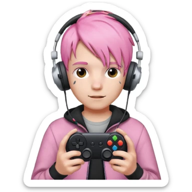pink haired boy with headphones holding all black game controller sticker
