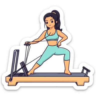 woman with bra, tanned long black hair, doing Pilates reformer sticker