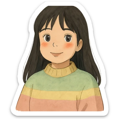 light skinned girl with round, slightly upturned brown eyes with long lashes, medium sized full blush colored lips, slightly chubby cheeks, long straight black hair, wearing a cozy pastel sweater sticker