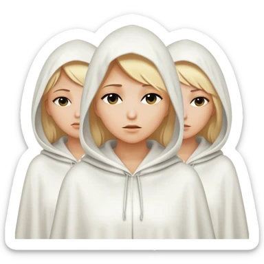 3 mysterious women with blonde hair  in white hooded cloaks that cover their eyes sticker