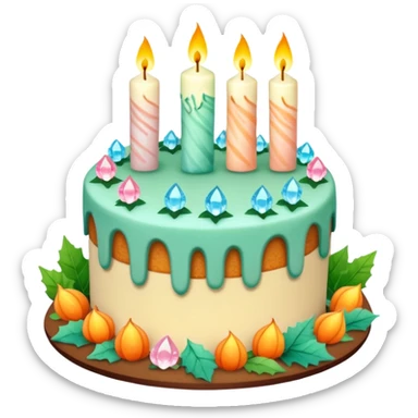 fall cake adorned with overflowing raw pastel crystals, leaves and candles sticker