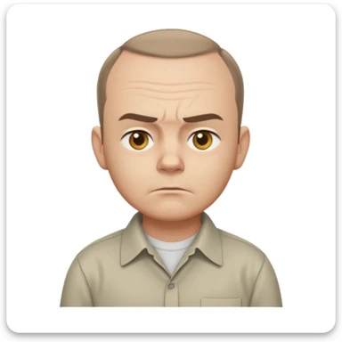 Carl from Sling Blade, serious, chin prominent, slouching, no glasses, collared shirt, side view, full body, standing, three-quarter angle, head forward, emoji style sticker