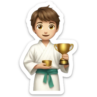a 12-year-old boy with brown hair with a prize cup in his hand in a white kimono sticker