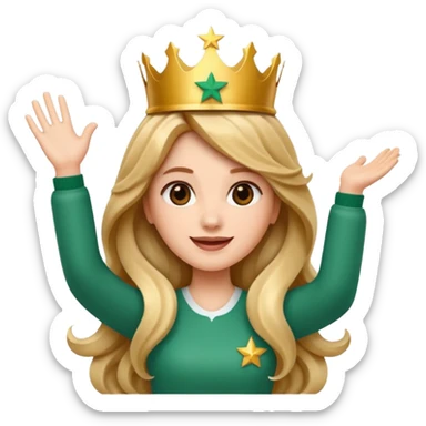 Apple style 3D emoji of a young woman inspired by the Starbucks logo. She has long wavy hair on both sides, a crown with a star on her head, arms raised upward like in the Starbucks logo, with a calm smile. Smooth, shiny, simple emoji look. sticker