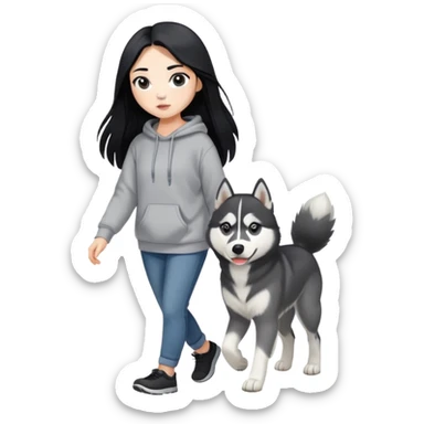 A girl with long black hair wearing a sweatshirt walks a black and white husky sticker